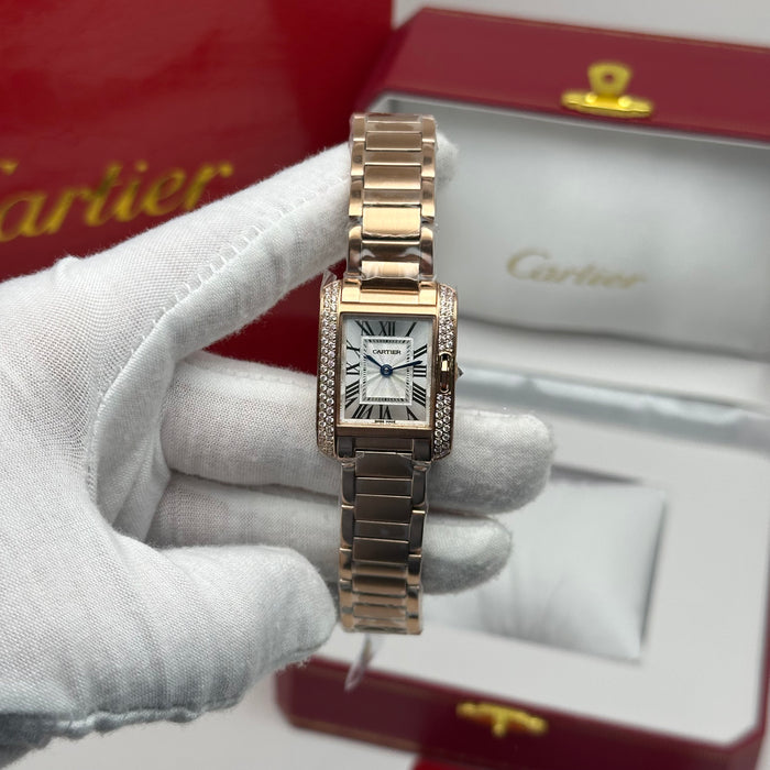 Cartier Tank Rose Gold Diamond Watch 27MM – Silver Guilloché Dial