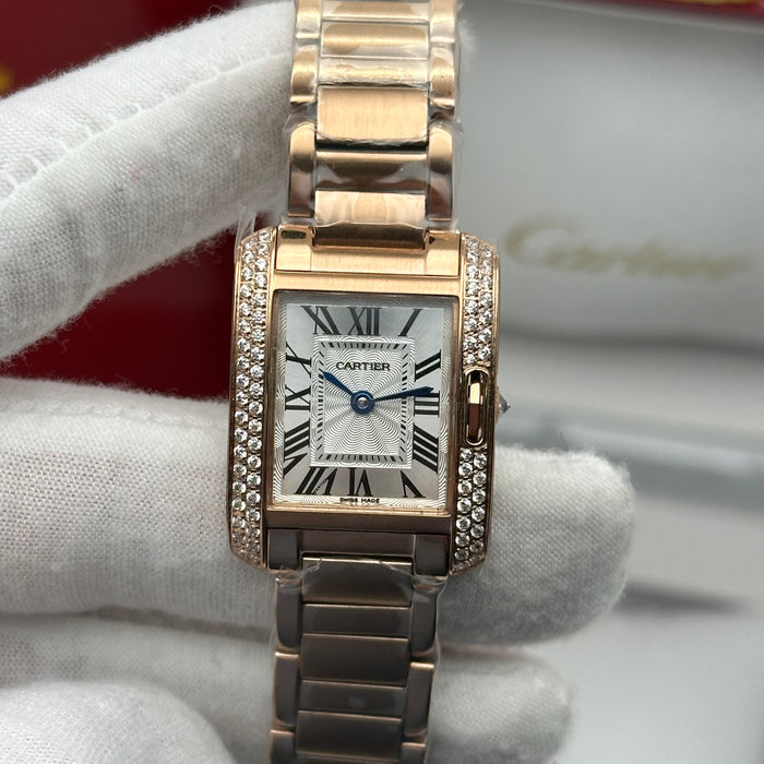Cartier Tank Rose Gold Diamond Watch 27MM – Silver Guilloché Dial