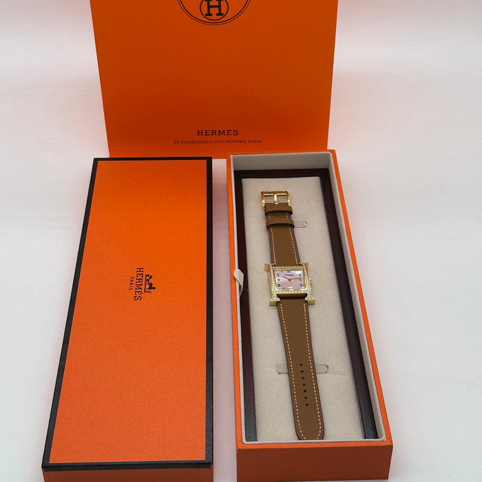 Hermes Heure H Gold Stress With Tan Leather Strap Watch