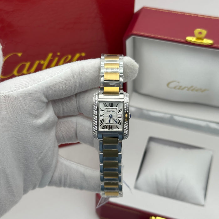 Cartier Tank Two-Tone Diamond Watch 27MM – Silver Guilloché Dial