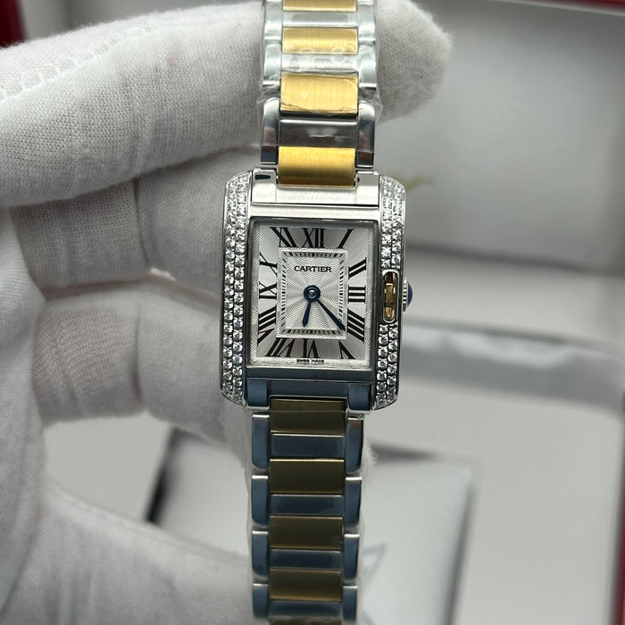 Cartier Tank Two-Tone Diamond Watch 27MM – Silver Guilloché Dial