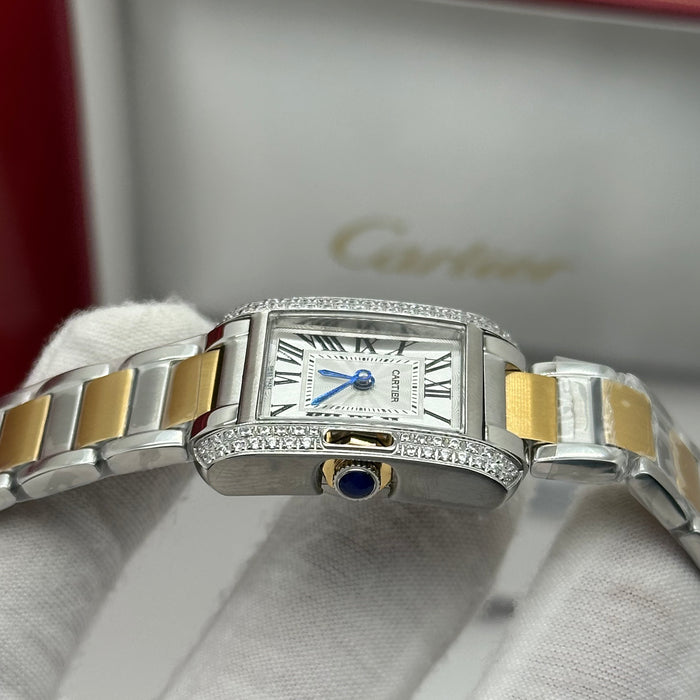 Cartier Tank Two-Tone Diamond Watch 27MM – Silver Guilloché Dial