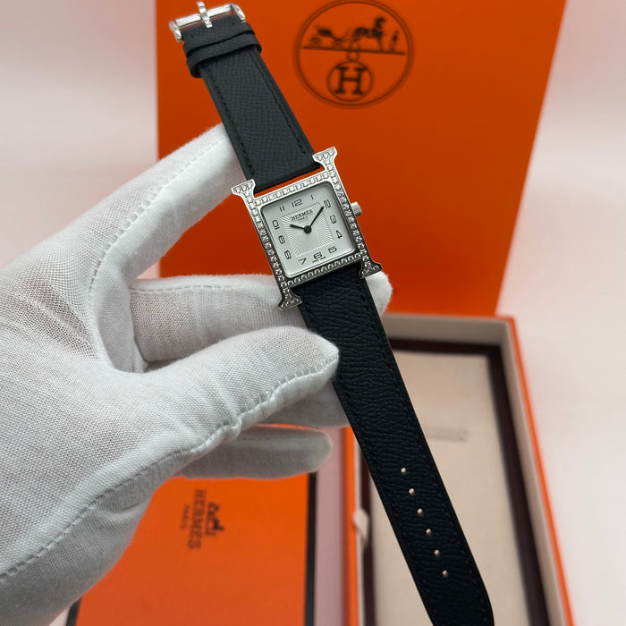 Hermes Heure H Stress With Black Leather Strap Watch