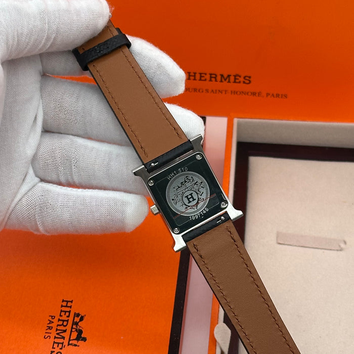 Hermes Heure H Stress With Black Leather Strap Watch