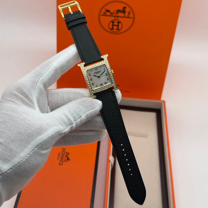 Hermes Heure H Gold Stress With Black Leather Strap