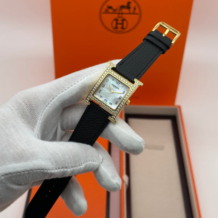 Hermes Heure H Gold Stress With Black Leather Strap