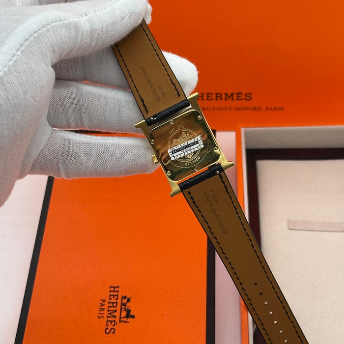 Hermes Heure H Gold Stress With Black Leather Strap