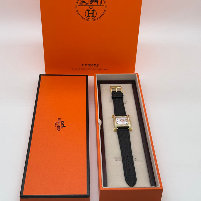 Hermes Heure H Gold Stress With Black Leather Strap