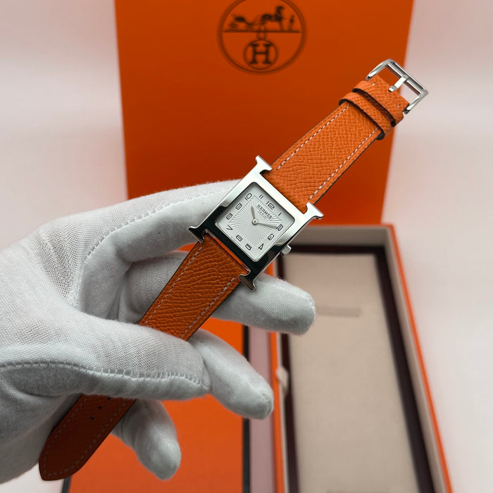 Hermes Heure H Silver With Orange Strap Watch