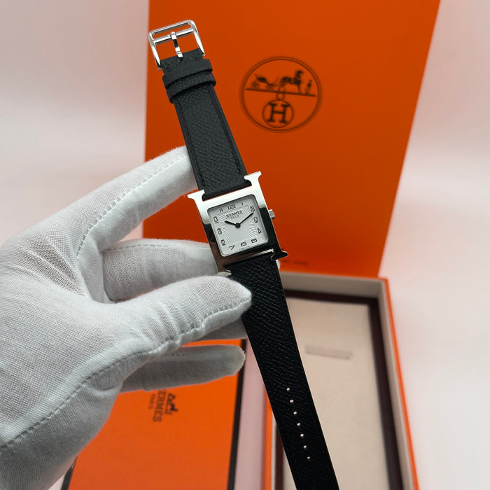 Hermes Heure H Silver With Black Strap Watch