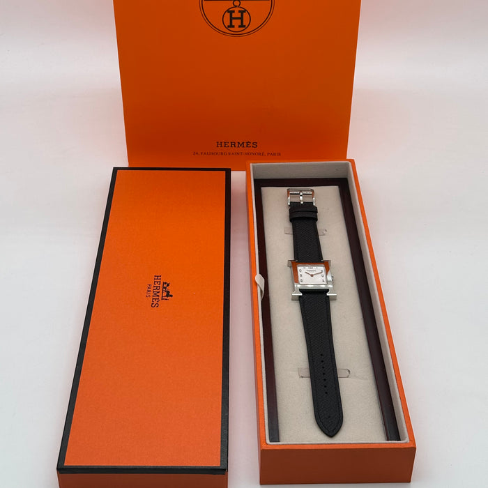 Hermes Heure H Silver With Black Strap Watch
