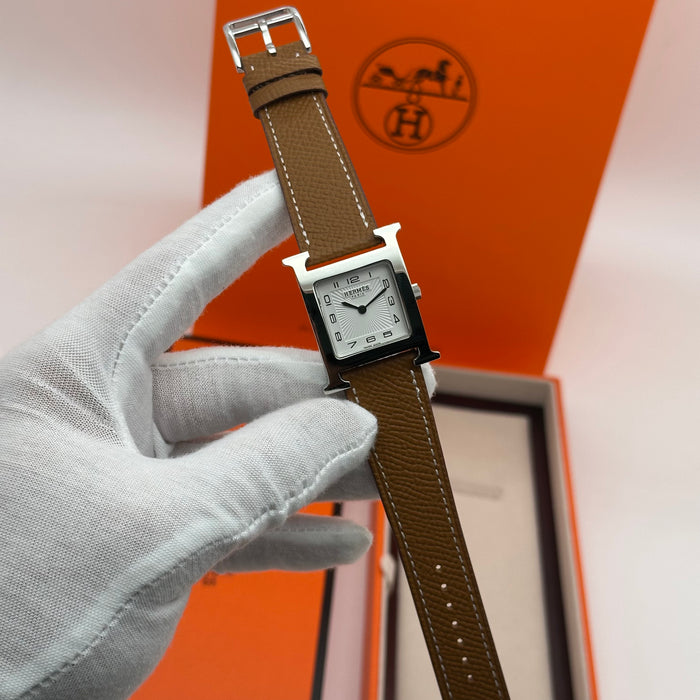 Hermes Heure H Silver With Tan Strap Watch