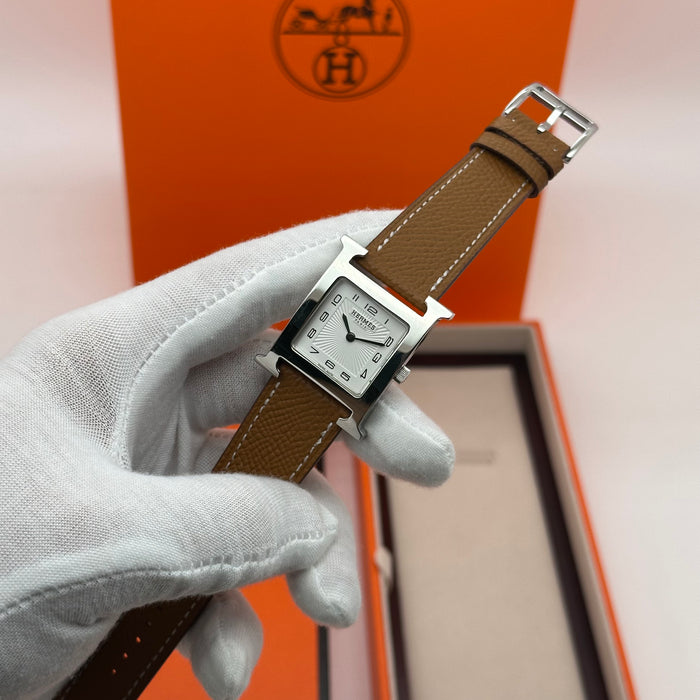 Hermes Heure H Silver With Tan Strap Watch