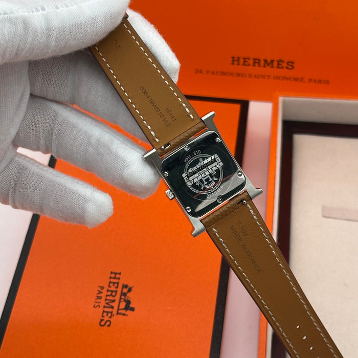 Hermes Heure H Silver With Tan Strap Watch