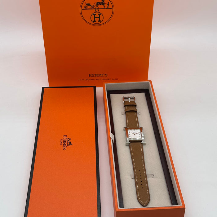 Hermes Heure H Silver With Tan Strap Watch