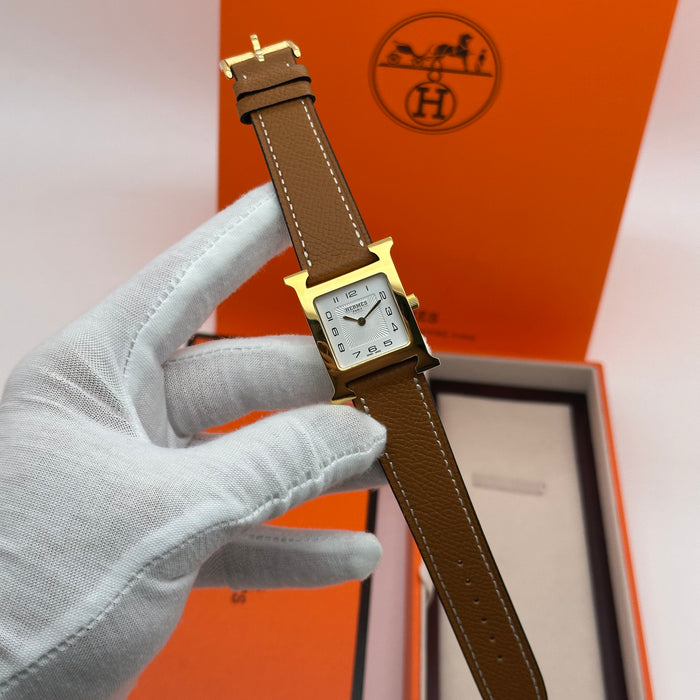 Hermes Heure H Gold With Brown Strap Watch