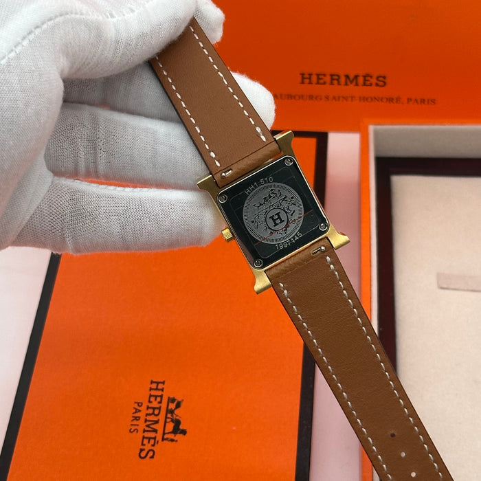 Hermes Heure H Gold With Brown Strap Watch