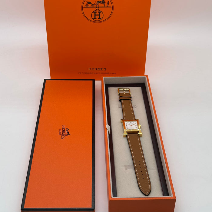 Hermes Heure H Gold With Brown Strap Watch