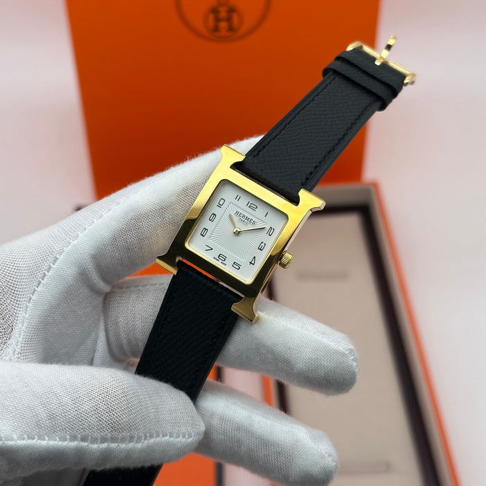 Hermes Heure H Gold With Black Strap Watch
