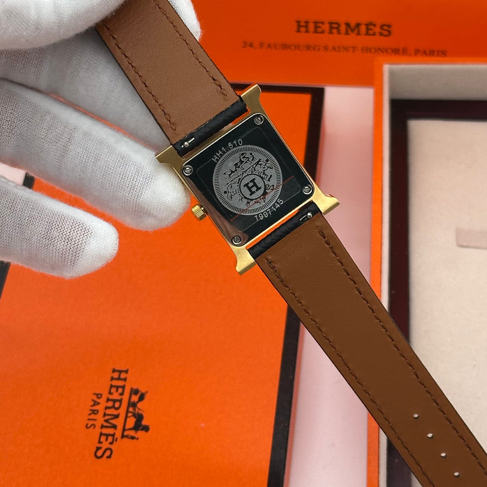 Hermes Heure H Gold With Black Strap Watch