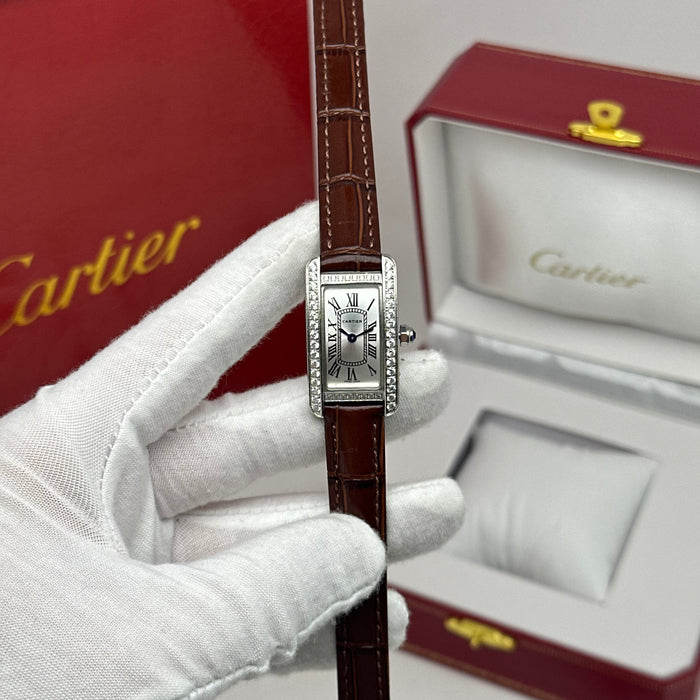 Elegant Cartier Tank Diamond 24MM - Multi Color Leather Watch