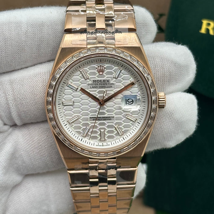 Rolex Oyster Perpetual Land-Dweller Rose Gold – White Honeycomb Dial (Custom) (5A+)