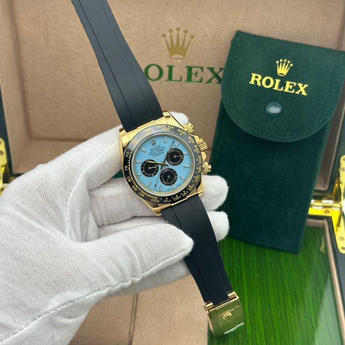 Rolex Daytona Cosmograph – Yellow Gold with Ice Blue Dial & Black Oysterflex Strap (Custom)
