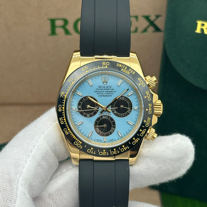 Rolex Daytona Cosmograph – Yellow Gold with Ice Blue Dial & Black Oysterflex Strap (Custom)