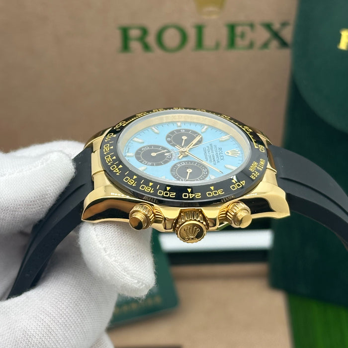 Rolex Daytona Cosmograph – Yellow Gold with Ice Blue Dial & Black Oysterflex Strap (Custom)