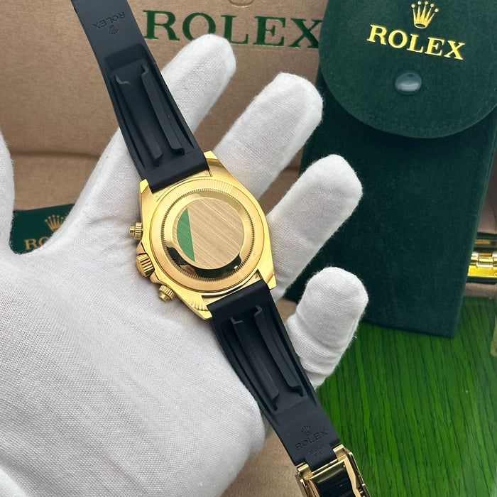 Rolex Daytona Cosmograph – Yellow Gold with Ice Blue Dial & Black Oysterflex Strap (Custom)