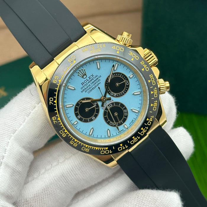 Rolex Daytona Cosmograph – Yellow Gold with Ice Blue Dial & Black Oysterflex Strap (Custom)