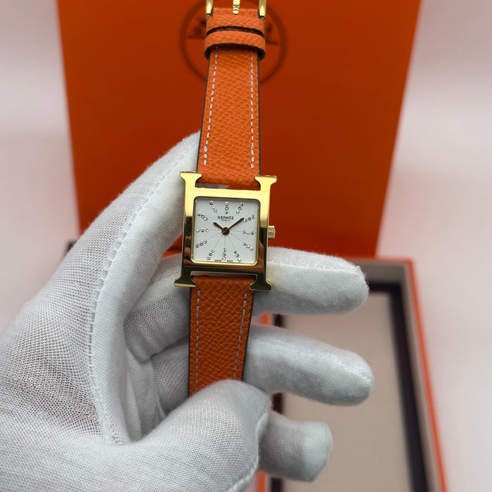 Hermes Heure Stress H Gold With Orange Leather Strap Watch