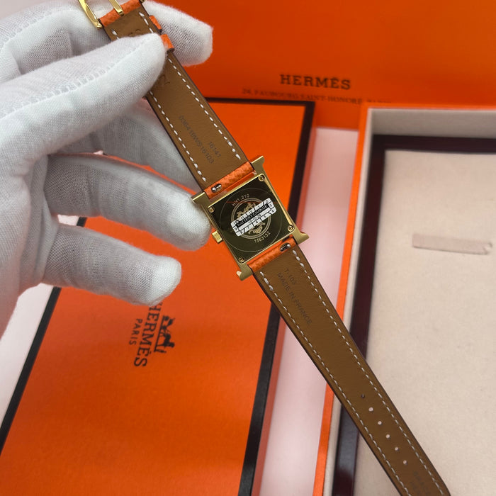 Hermes Heure Stress H Gold With Orange Leather Strap Watch