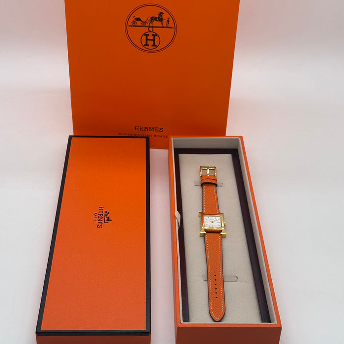 Hermes Heure Stress H Gold With Orange Leather Strap Watch