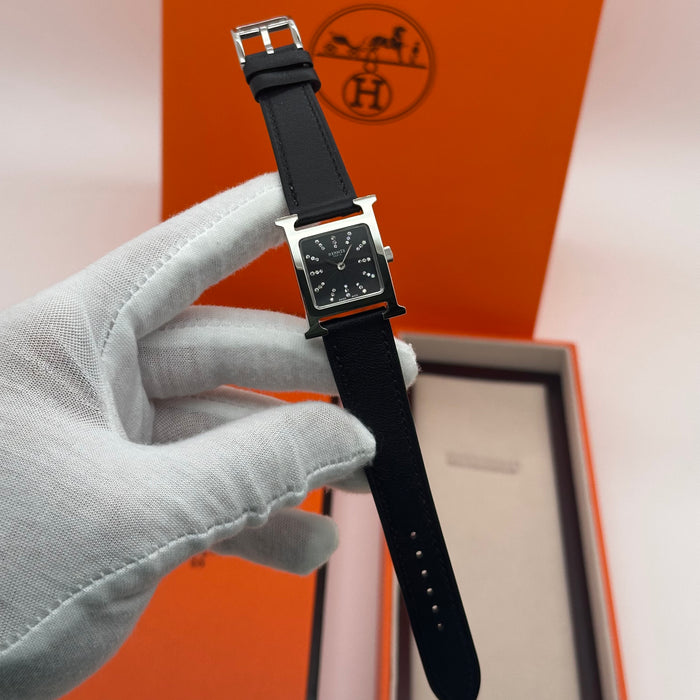 Hermes Heure H Silver Black Dial With Black Leather Strap Watch