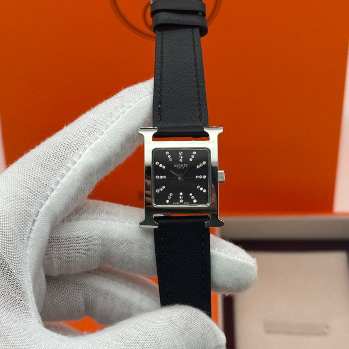 Hermes Heure H Silver Black Dial With Black Leather Strap Watch