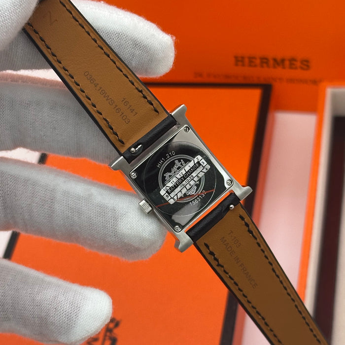 Hermes Heure H Silver Black Dial With Black Leather Strap Watch