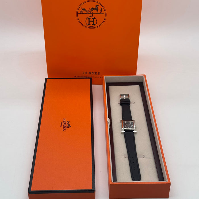Hermes Heure H Silver Black Dial With Black Leather Strap Watch