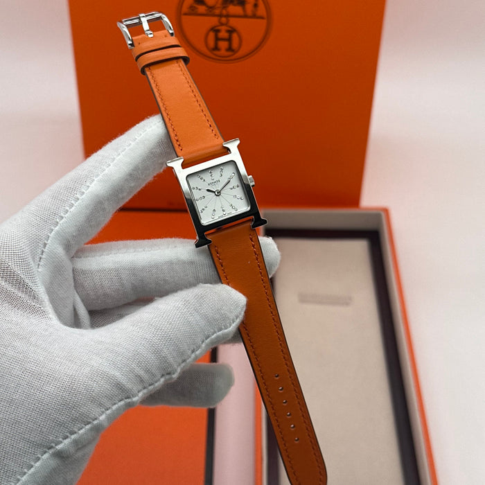 Hermes Heure H Silver Stress Dial With Orange Leather Strap
