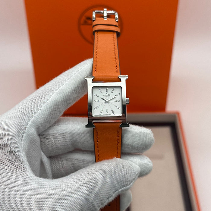 Hermes Heure H Silver Stress Dial With Orange Leather Strap
