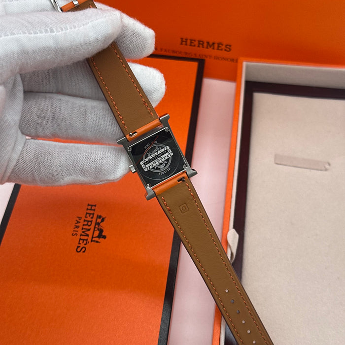 Hermes Heure H Silver Stress Dial With Orange Leather Strap