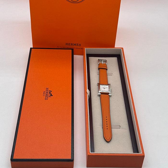 Hermes Heure H Silver Stress Dial With Orange Leather Strap