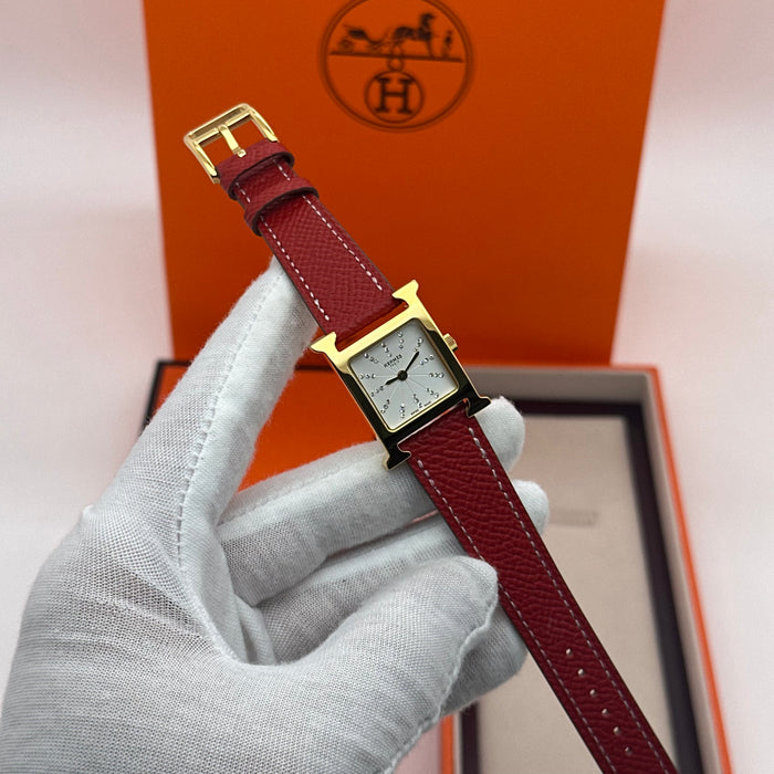 Hermes Heure H Gold Stress Dial With Bordo Leather Strap Watch