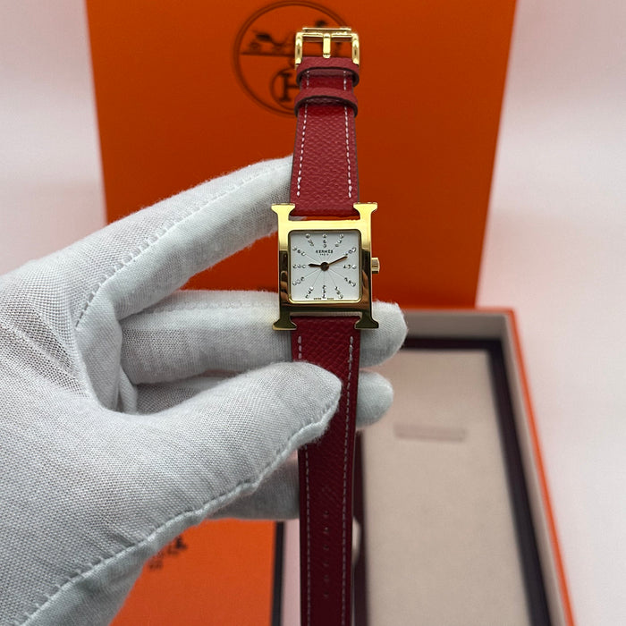 Hermes Heure H Gold Stress Dial With Bordo Leather Strap Watch