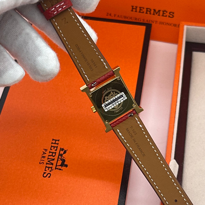 Hermes Heure H Gold Stress Dial With Bordo Leather Strap Watch