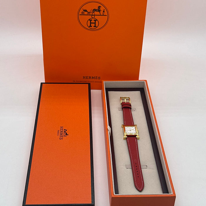 Hermes Heure H Gold Stress Dial With Bordo Leather Strap Watch