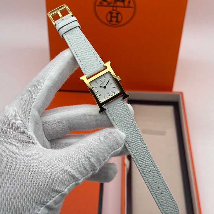 Hermes Heure H Gold Stress Dial With White Leather Strap Watch