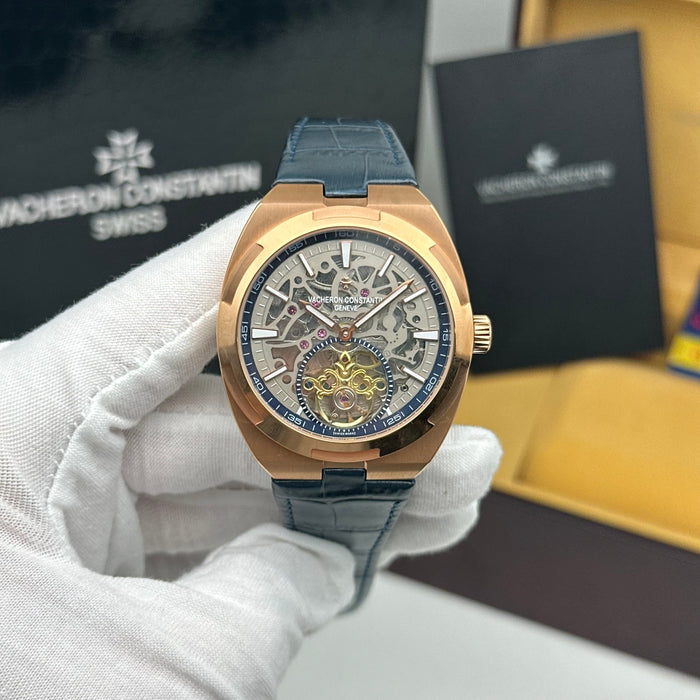 Vacheron Constantin Overseas Skeleton Tourbillon Rose Gold Blue Strap Watch