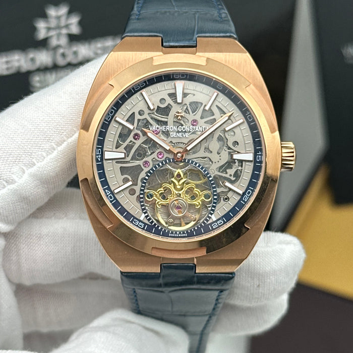 Vacheron Constantin Overseas Skeleton Tourbillon Rose Gold Blue Strap Watch