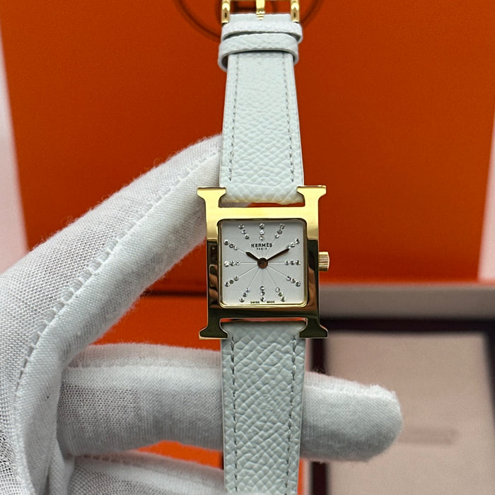 Hermes Heure H Gold Stress Dial With White Leather Strap Watch